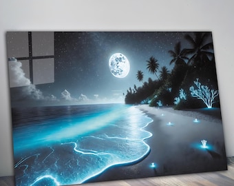 Tempered Glass Beach Wall Art - Night, Shiny Waves