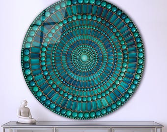 Mandala-muurkunst van gehard glas groenblauw, ronde gebrandschilderde look