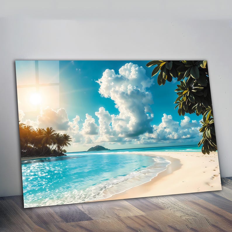 Arte de parede em vidro temperado com tema de praia tropical e vista ...