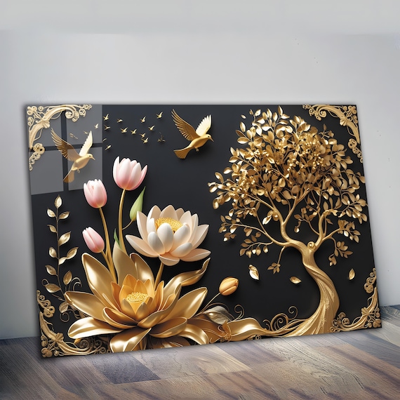 Black Gold Lotus Tempered Glass Wall Art, Yoga Spa Decor - Etsy
