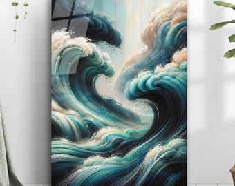Arte de pared abstracto de vidrio templado con ondas azules, decoración costera grande