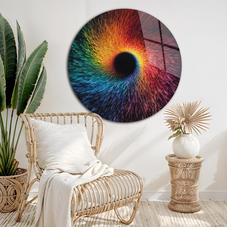 May include: A round wall art piece with a vibrant, swirling design. The artwork features a central black vortex surrounded by a spectrum of colors, including red, orange, yellow, green, and blue. The piece is mounted on a white wall, adding a modern touch to the room.