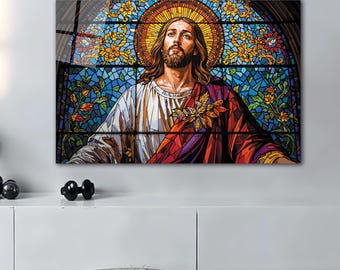 イエス・キリストのステンドグラス風強化ガラス製壁掛けアート、宗教的