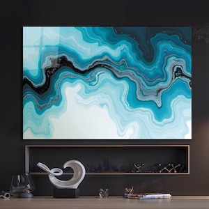 Blue White Abstract Marble Tempered Glass Wall Art, Blue White Marble Glass Wall Decor, Abstract Marble Glass Wall Hanging, Ready to Hang