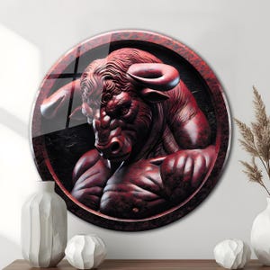 Minotaur Tempered Glass Wall Art, Greek Mythology, Ruby Red Color
