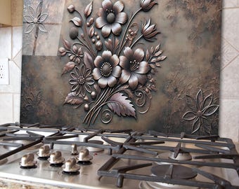 Copper Look Floral Tempered Glass Backsplash Tiles - Flower Kitchen Backsplash for Stove & Sink - Decorative Splashback, Gift for Kitchen
