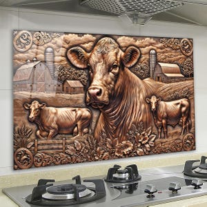 Koeien op de boerderij achterwand keuken, achterwand van gehard glas, koperen design achterwand keuken achter fornuis gehard glas, rustiek fornuis
