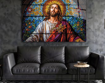 イエス・キリストのステンドグラス風強化ガラス製壁掛けアート、宗教的