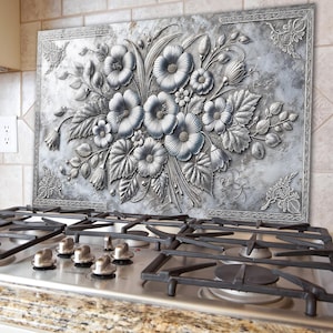Silver Look Floral Tempered Glass Backsplash Tiles - Flower Kitchen Backsplash for Stove & Sink - Decorative Splashback, Gift for Kitchen