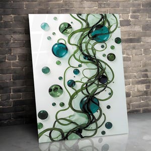 May include: Abstract art print featuring teal and green orbs and flowing lines against a white background. The artwork has a 3D effect, with varying sizes of spheres and organic shapes. The color palette includes shades of teal, green, and white.