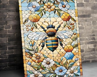 Stained Style Glass Bee Wall Art, Art Deco Panel