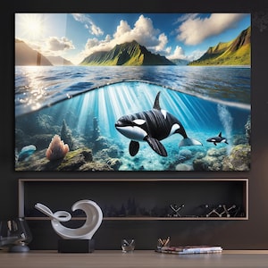 Arte de parede de baleia orca, vidro temperado com tema náutico, arte de parede extragrande, cor azul dourada, decoração de parede de casa, decoração de sala de estar, arte de vida marinha