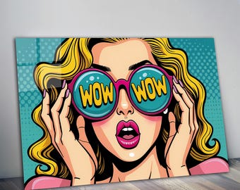 Impresión de vidrio pop art WOW Woman, decoración de pared estilo cómic