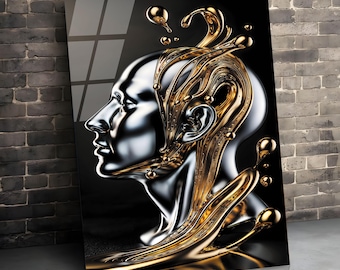May include: A silver sculpture of a human head with a golden liquid flowing through it. The liquid is in a swirling, abstract pattern.
