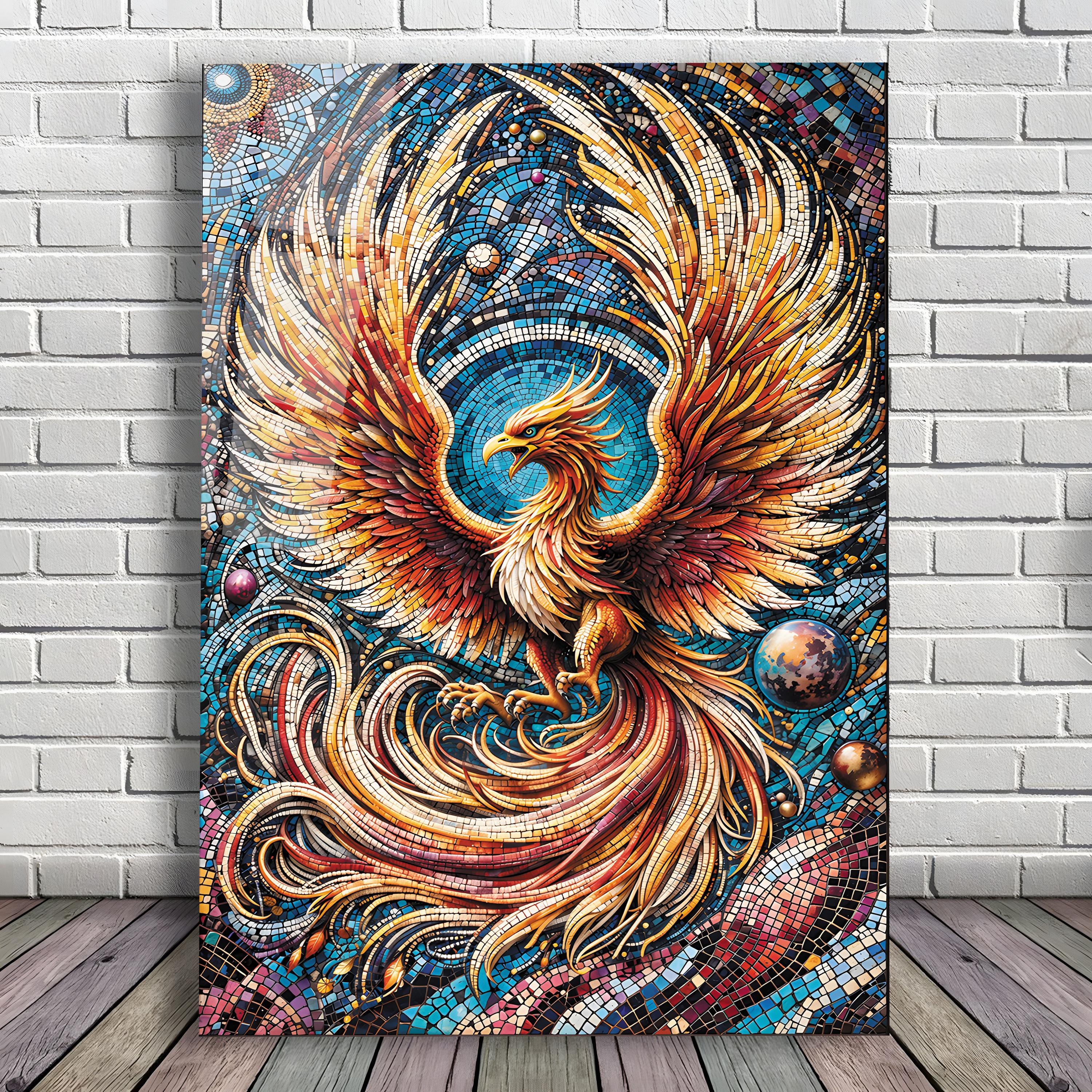 Phoenix Mosaic Style Tempered Glass Wall Art, Mythological Home