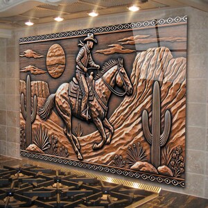 Cowboy in Desert Tempered Glass Backsplash, Kitchen Backsplash Behind Stove, Copper Look Glass Backsplash for Kitchen, Stove Backsplash
