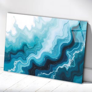 Blue White Abstract Marble Tempered Glass Wall Art, Blue White Marble Glass Wall Decor, Abstract Marble Glass Wall Hanging, Ready to Hang