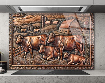 Cows on the Farm Kitchen Backsplash, Tempered Glass Backsplash, Copper Design Kitchen Backsplash Behind Stove Tempered Glass ,Rustic Stove