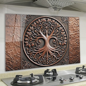 Tree of Life Backsplash, Tempered Glass Kitchen Backsplash, Custom Backsplash for Kitchen Wall, Heat-Resistant Backsplash Tile, Splashback