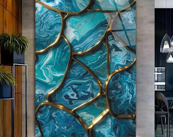 Tempered Glass Ocean Wall Art - Stained Look Sea Wave Decor