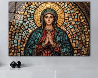 Virgin Mary Tempered Glass Wall Art, Christian Home Decor