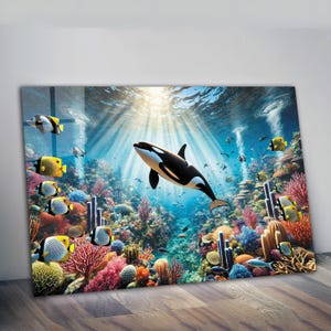Arte de parede de baleia orca, vidro temperado com tema náutico, arte de parede extragrande, cor azul dourada, decoração de parede de casa, decoração de sala de estar, arte de vida marinha