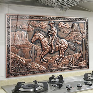 Cowboy in Desert Tempered Glass Backsplash, Kitchen Backsplash Behind Stove, Copper Look Glass Backsplash for Kitchen, Stove Backsplash