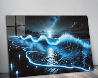 Tempered Glass Night Beach Wall Art, Panoramic Shiny Waves Print