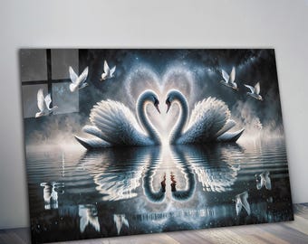 Tempered Glass Swans Wall Art | Love Swan Couple, Nature Art