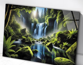 Waterfall Landscape Tempered Glass Wall Art, Modern Glass Print