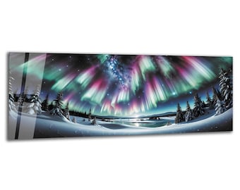 Aurora Borealis Wandkunst aus gehärtetem Glas, Panorama Nordlichter Druck