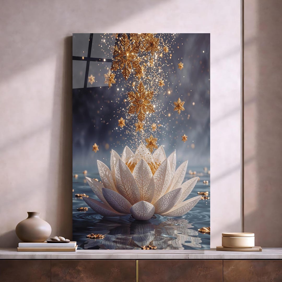 Tempered Glass Lotus Flower Wall Art, Sparkling Abstract Floral Decor ...