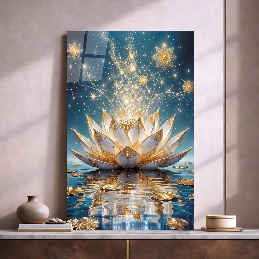 Tempered Glass Lotus Flower Wall Art, Sparkling Abstract Floral Decor ...
