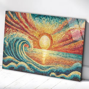 Ocean waves at sunrise Faux Stained Glass Wall Art on Glossy Tile Artful Display Piece and Gift, Tempered Glass Wall Art, Ocean Scene Wall