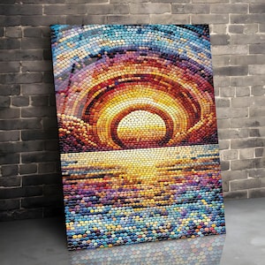 Ocean waves at sunrise Faux Stained Glass Wall Art on Glossy Tile Artful Display Piece and Gift, Tempered Glass Wall Art, Ocean Scene Wall