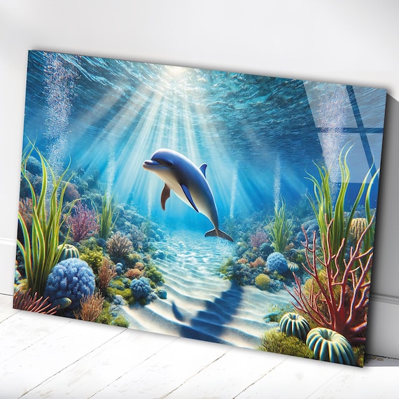 イルカの強化ガラス製ウォールアート、海のテーマの装飾 - Etsy 日本