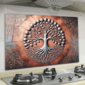 Tree of Life Backsplash, Tempered Glass Kitchen Backsplash, Custom Backsplash for Kitchen Wall, Heat-Resistant Backsplash Tile, Splashback