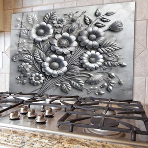 Silver Look Floral Tempered Glass Backsplash Tiles - Flower Kitchen Backsplash for Stove & Sink - Decorative Splashback, Gift for Kitchen