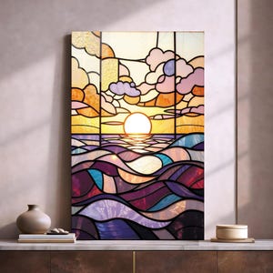 Ocean Sunset Glass Tile Wall Art – Stained Look Glass Coastal Seascape, Beach Wall Decor, Ocean Waves Home Decor Gift