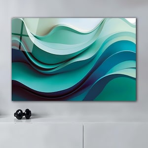 Art mural abstrait en verre vagues bleues, vue sur la mer, art bleu océan, vagues abstraites de la mer, art mural océan, art du verre sarcelle, art mural 3D, vagues de la mer