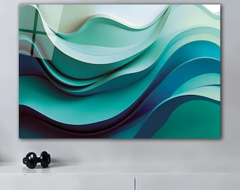 Abstract Teal Ocean Waves Glass Wall Art, 3D Effect