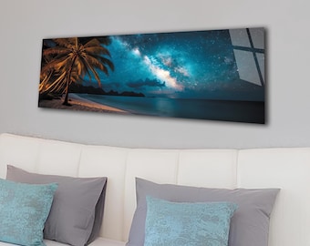 Tempered Glass Panoramic Wall Art: Tropical Night Beach Print