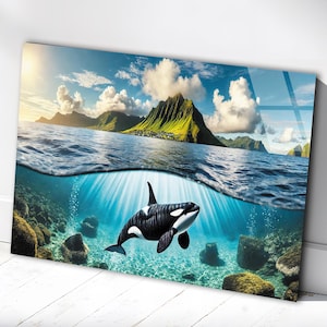 Arte de parede de baleia orca, vidro temperado com tema náutico, arte de parede extragrande, cor azul dourada, decoração de parede de casa, decoração de sala de estar, arte de vida marinha
