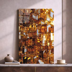 Könnte beinhalten: Abstrakter Kunstdruck mit einer komplexen Anordnung goldener, transparenter und reflektierender geometrischer Formen. Das Kunstwerk ist ein vertikales Rechteck mit warmer Farbpalette und modernem Erscheinungsbild. Der Druck ist an einer Wand ausgestellt.
