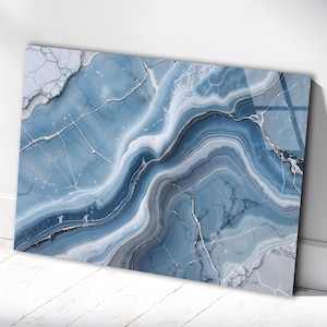 Blue White Abstract Marble Tempered Glass Wall Art, Blue White Marble Glass Wall Decor, Abstract Marble Glass Wall Hanging, Ready to Hang