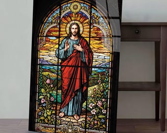 Jesus Tempered Glass Wall Art, Religious Stained Glass Decor