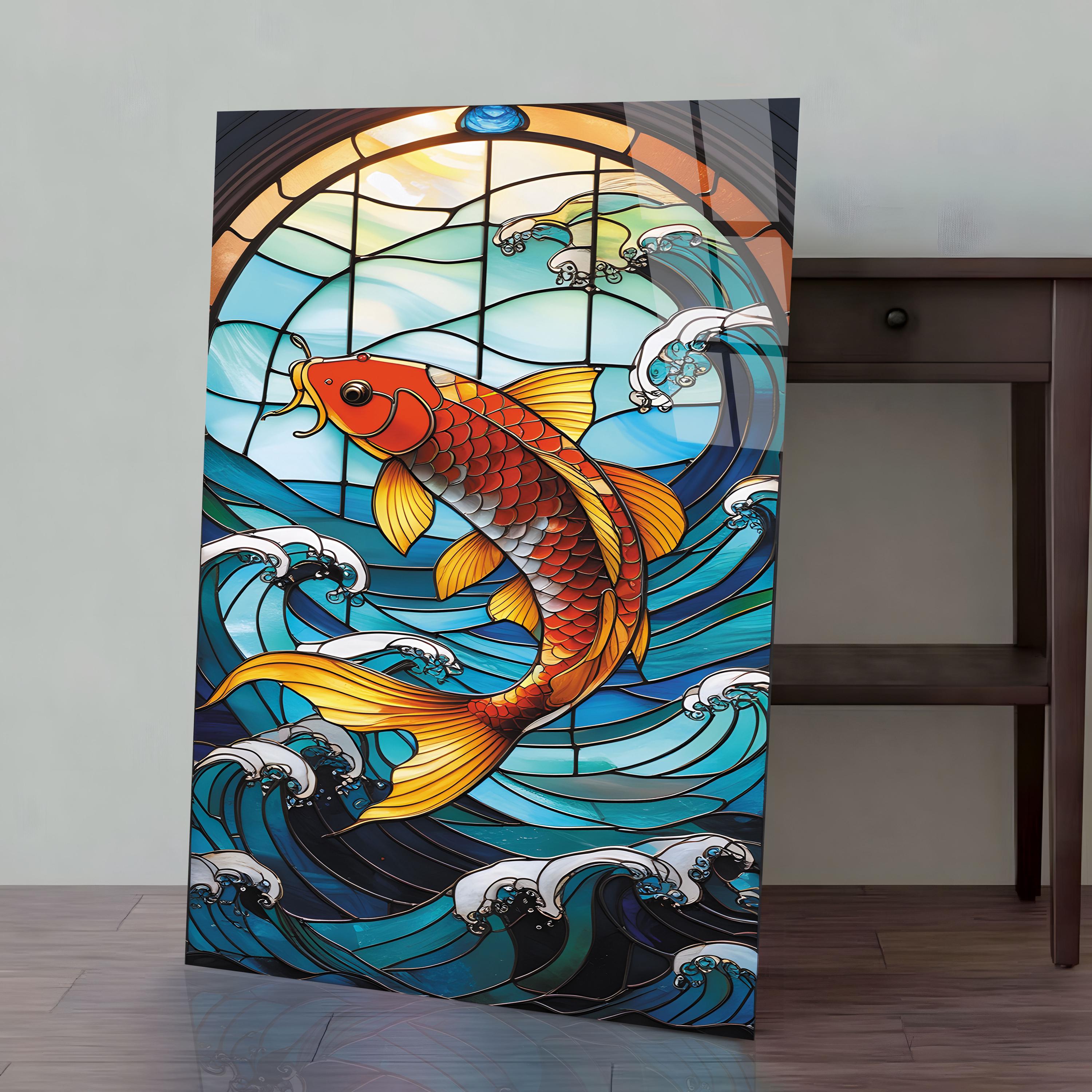Koi Fish Glass Wall Art, Tempered Glass, Glass Printing, Japanese Koi Fish Wall Art, Mosaic Wall Art, Koi Fish Wall Decor,Stained Glass Art