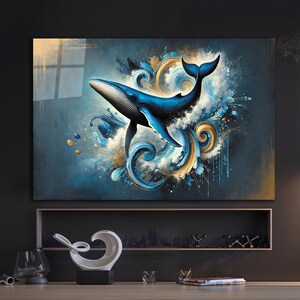 Arte de parede de baleia, vidro temperado com tema náutico, arte de parede extragrande, cores azul-ouro, decoração de parede de casa, decoração de sala de estar, arte de vida marinha