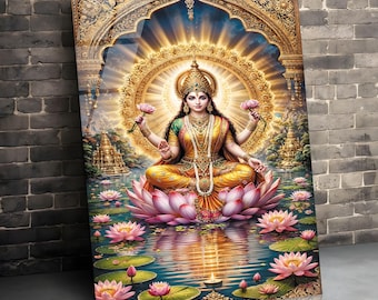 Arte de pared de vidrio templado de la diosa Lakshmi, decoración hindú