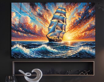 船の夕日を描いた強化ガラス製ウォールアート | オーシャン